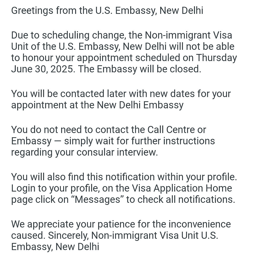 gnanamookan's tweet card. In an unexpected development, the U.S. Embassy in New Delhi cancelled all visa interviews scheduled for Monday, June 30, 2025, without disclosing the reason in the notifications sent to applicants....