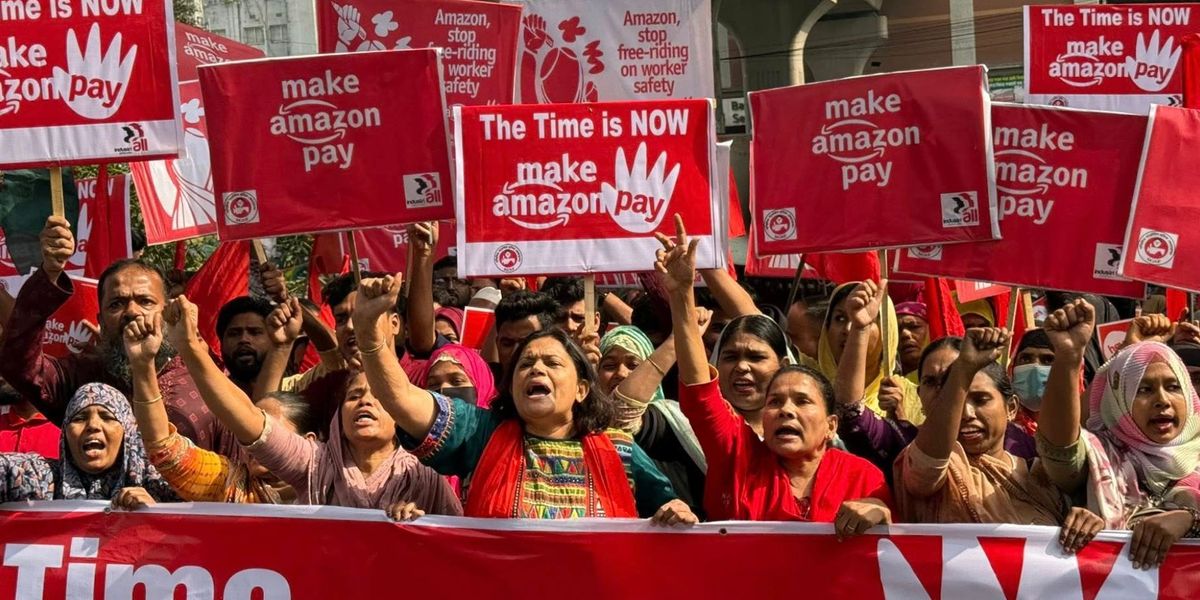 ProgIntl's tweet card. "We are joining Make Amazon Pay to demand the most basic rights: safety, dignity, and the chance to go home alive," said one Amazon worker from India.