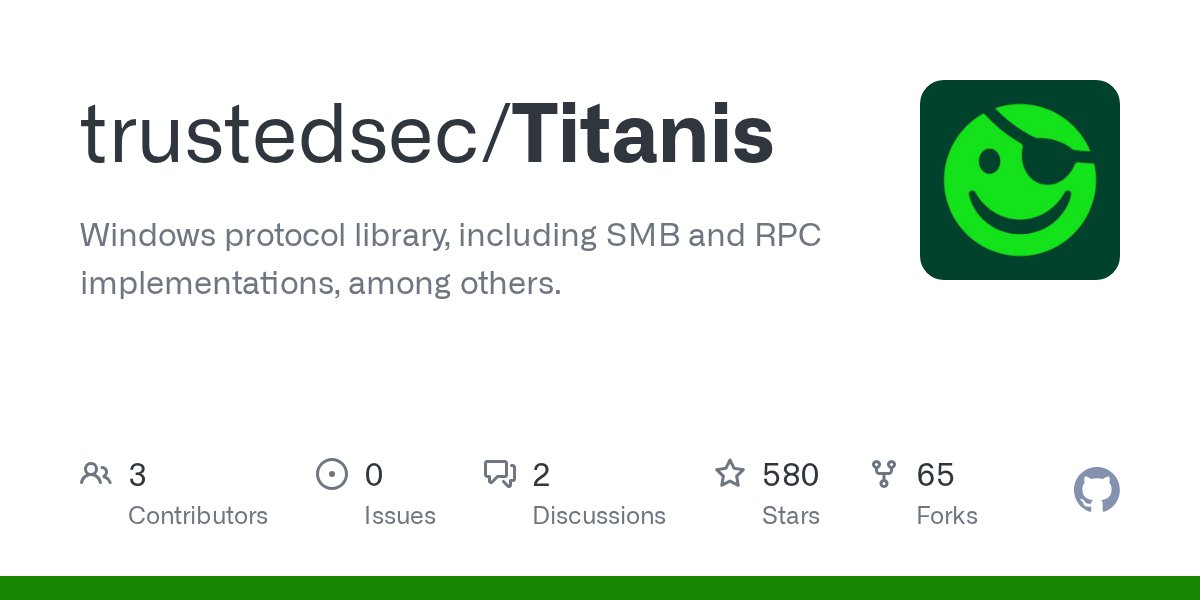 codewhisperer84's tweet card. Windows protocol library, including SMB and RPC implementations, among others. - trustedsec/Titanis