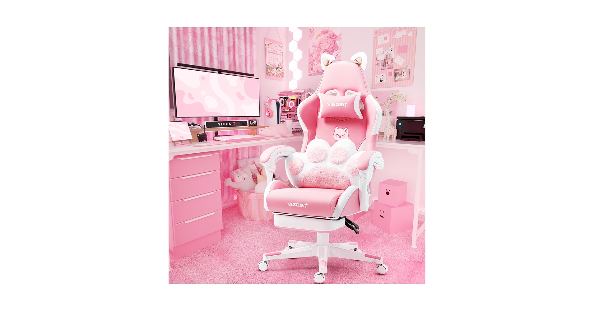 LinkhustleHQ's tweet card. Vigosit Cat Ears PU Leather Gaming Chair Ergonomic Adjustable Office Desk Computer Chairs for Gamers Adults Kids 360 Degree Swivel Recliner 45in Height, Pink