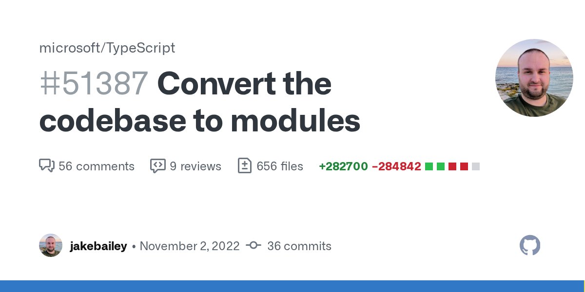 TypeScriptDaily's tweet card. This is it; the PR that converts the TypeScript repo from namespaces to modules. TL;DR: The TypeScript compiler is now implemented internally with modules, not namespaces. The compiler is now 10-25...