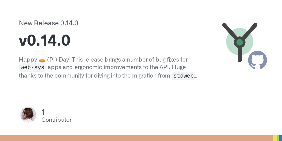 yewstack's tweet card. Happy 🥧 (PI) Day! This release brings a number of bug fixes for web-sys apps and ergonomic improvements to the API. Huge thanks to the community for diving into the migration from stdweb to web-sy...