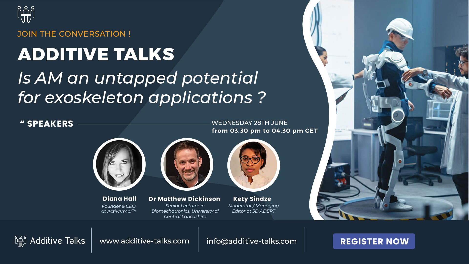 3DAdept's tweet card. The next Additive Talks session ambitions to discuss the challenges in the manufacturing and the performance for structural articulated parts in exoskeletons and/or humanoid robots.