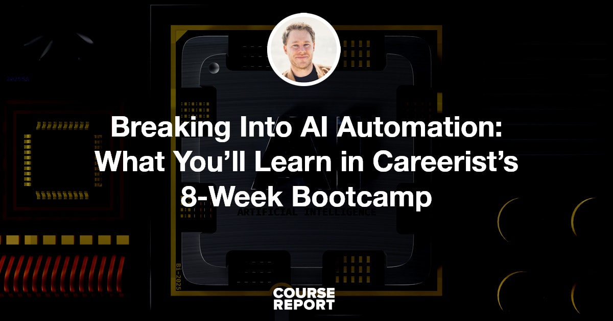 CourseReport's tweet card. Learn how Careerist helps students master APIs, automation platforms, and multi-agent systems – and what it really takes to launch a career in AI automation today.