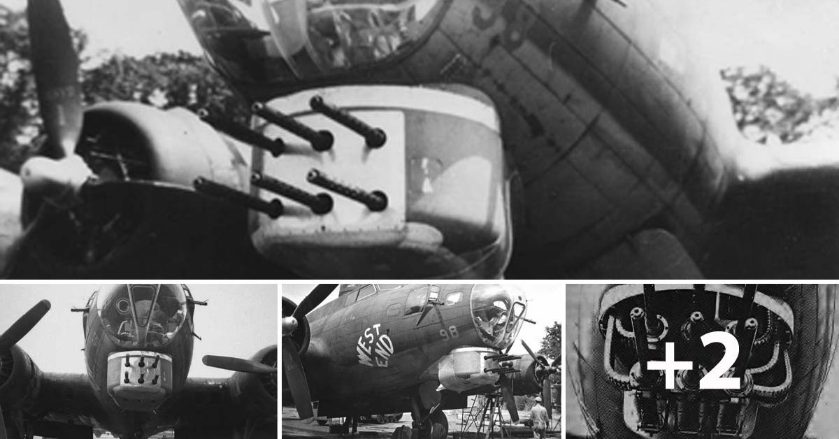 AviationHumor's tweet card. During WWII head-on attacks targeting the pilot and bombardier were common at one point. What you will see here was an attempt to ward that off.