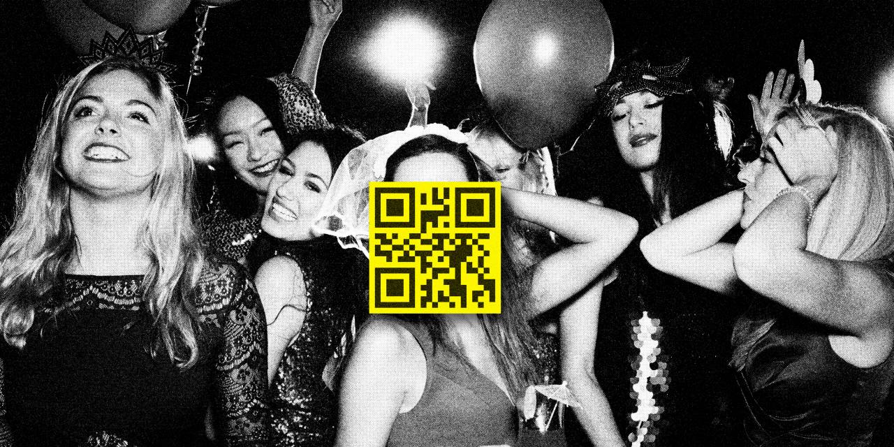 rebeccaballhaus's tweet card. QR codes send passersby to accounts where they can donate to cover party expenses, distressing etiquette experts; ‘Feel free to throw something our way.’