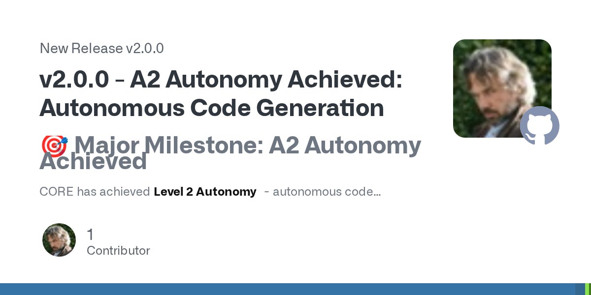 DNewecki's tweet card. 🎯 Major Milestone: A2 Autonomy Achieved CORE has achieved Level 2 Autonomy - autonomous code generation with constitutional governance. 🚀 Key Achievements ✨ 70-80% autonomous code generation...