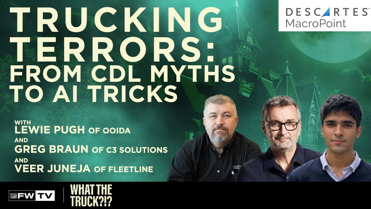 FreightWaves's tweet card. Trucking Terrors: From CDL Myths to AI Tricks | WHAT THE TRUCK?!?
