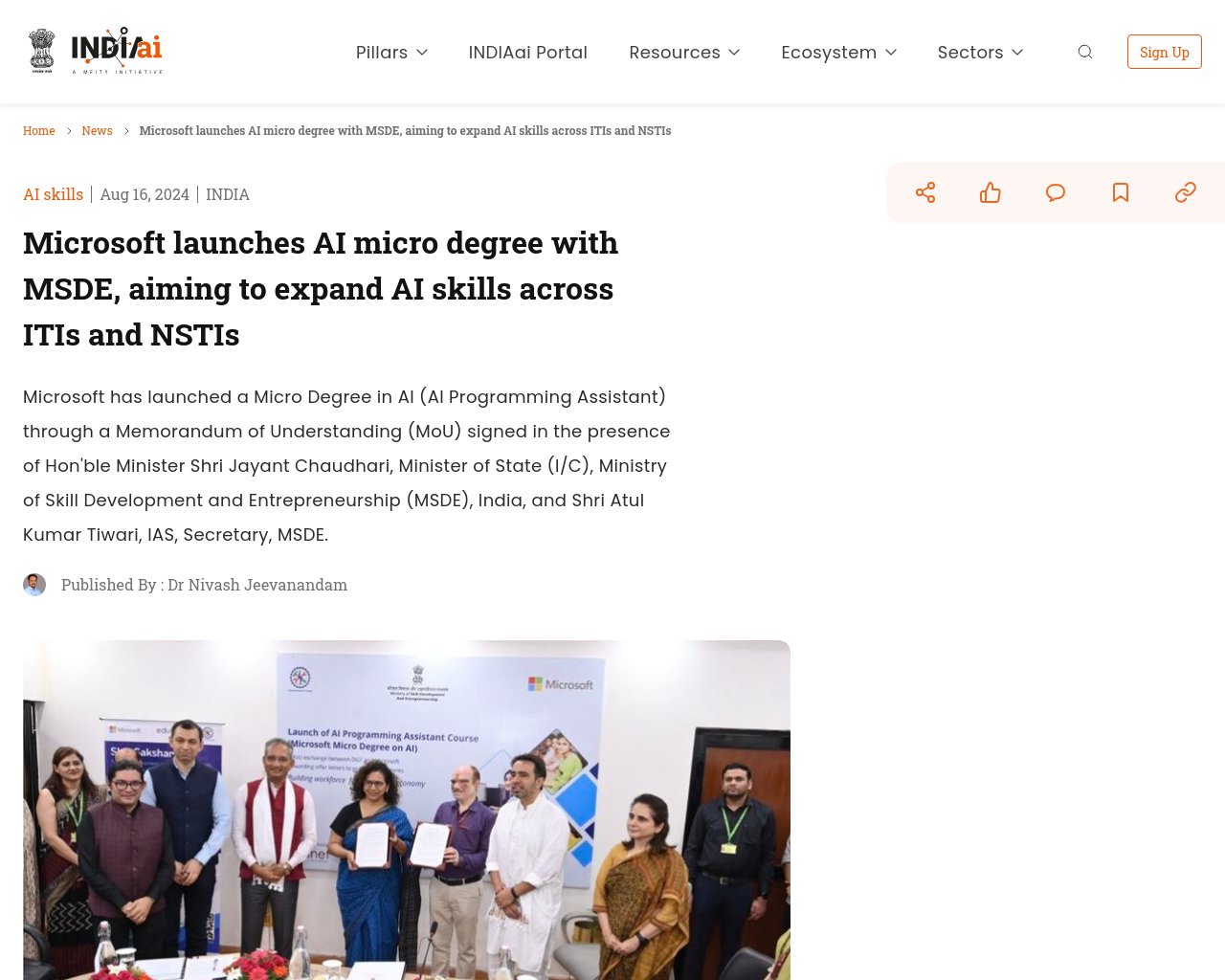 managetech_inc's tweet card. マイクロソフトは、インドのスキル開発・起業家精神省（MSDE）のシャンティ・ジャヤント・チャウダリー大臣（I/