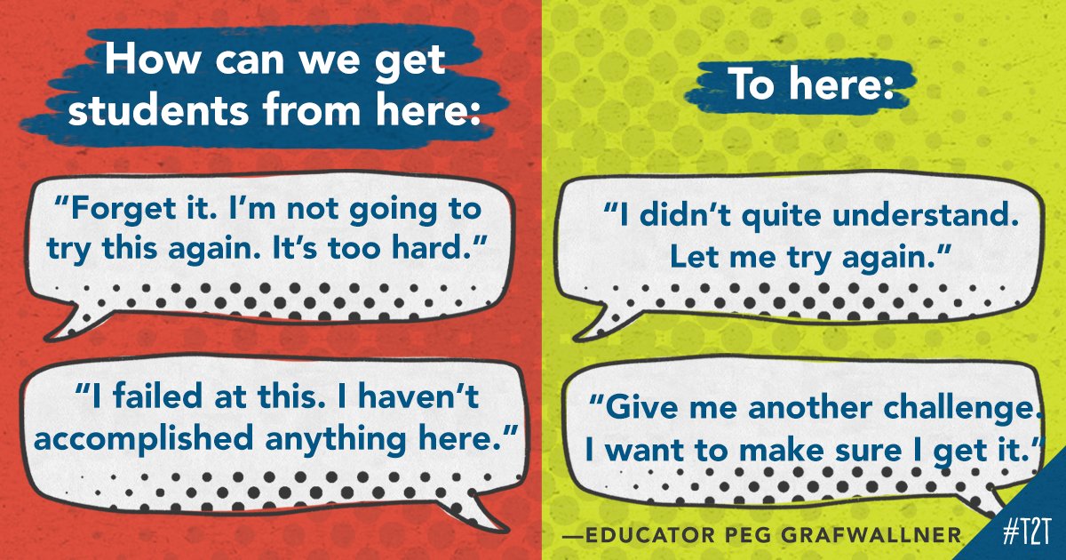 teacher2teacher's tweet card. Language lies at the heart of growth mindset. That's why I suggest 3 language-based strategies to support students.