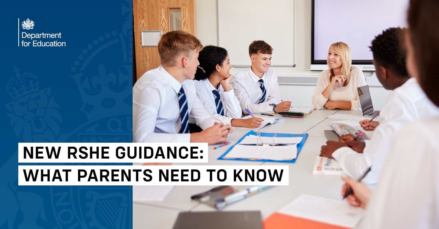 Ashfaque_chowd's tweet card. A teacher sits at a table with a group of secondary school students in uniform, having a discussion in a classroom. The image is overlaid with text that reads: “New RSHE Guidance: What Parents Need...