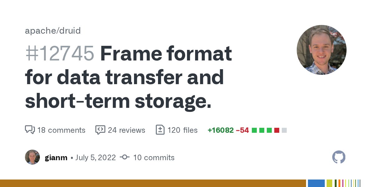 druidio's tweet card. As we move towards query execution plans that involve more transfer of data between servers, it's important to have a data format that provides for doing this more efficiently than the opti...