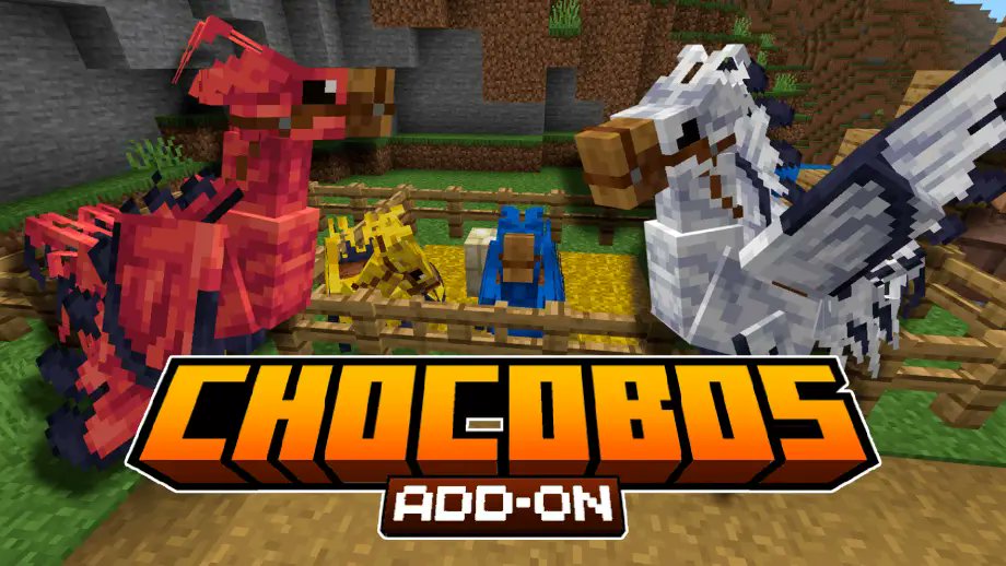 modbay_feed's tweet card. Bring Chocobos to Minecraft Bedrock — tame majestic birds that spawn in plains, become loyal companions, and can be equipped with armor.