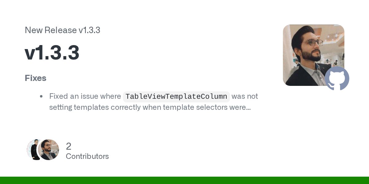 _waheedahmad's tweet card. Fixes Fixed an issue where TableViewTemplateColumn was not setting templates correctly when template selectors were used. #188 by @w-ahmad Possibly fixed an issue where x:Bind was not working insi...