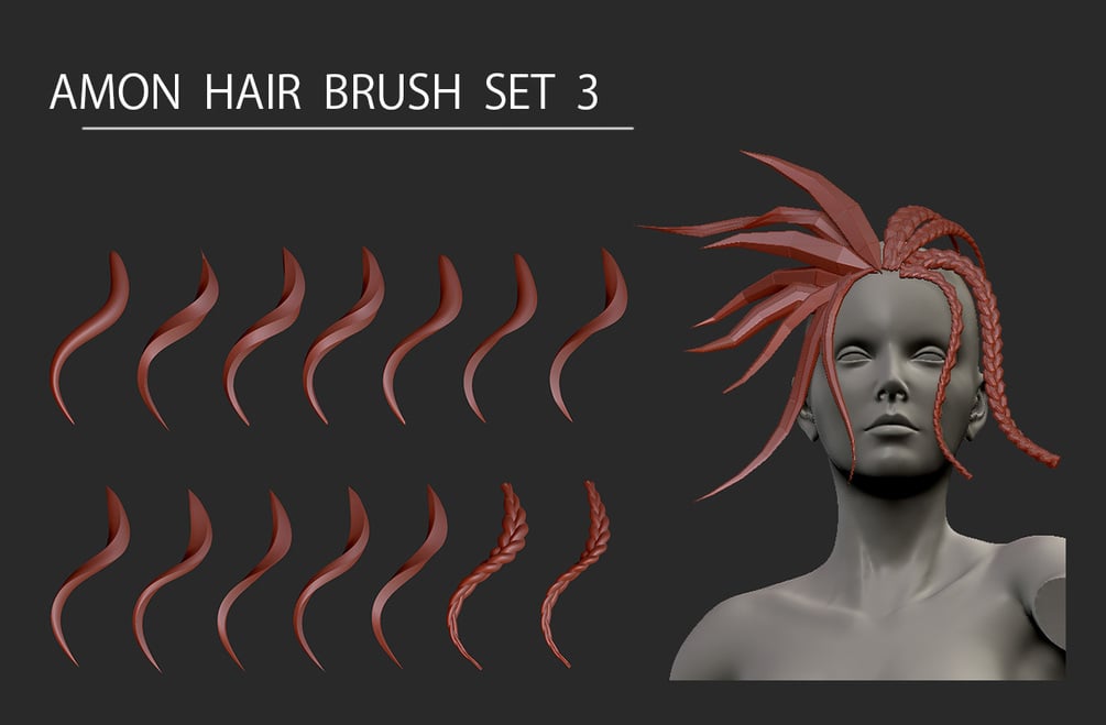 amonworks's tweet card. ■2022/12/24Zbrush用カスタムブラシ髪の毛のモデリングにお使いください。[AMONHAIR3.zbp]14種類の髪の毛用カスタムブラシです。[Chain-etc.zbp]おまけのチェーンやダクト、ロープなどのカスタムブラシです。[AMONHAIR2.zbp]2020に公開した７種類のカスタムブラシです。DLした「.zbp」ファイルを「Pixologic」→「Zbrush2021...