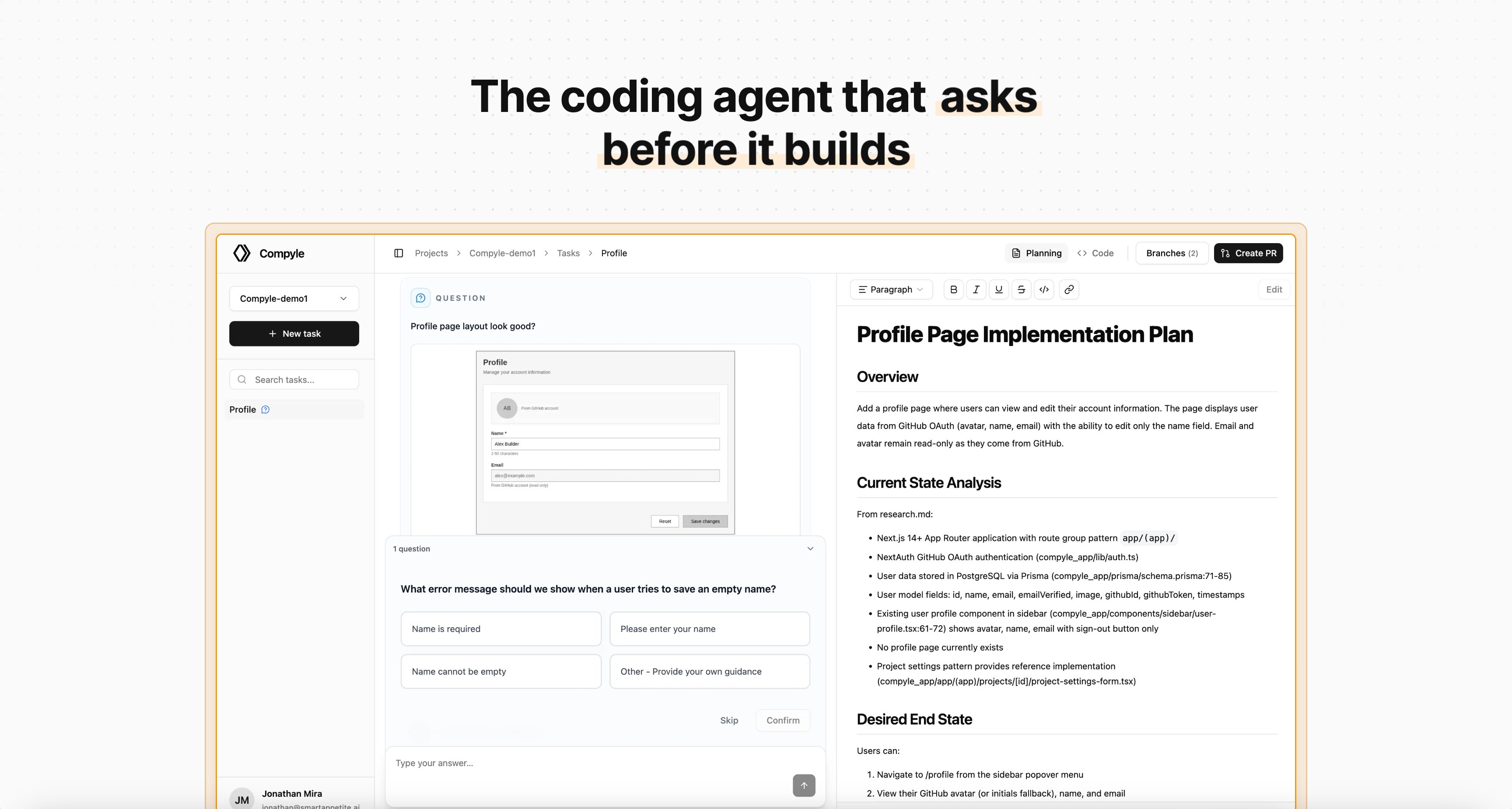 compyle_ai's tweet card. The first coding agent that actually stops and asks questions