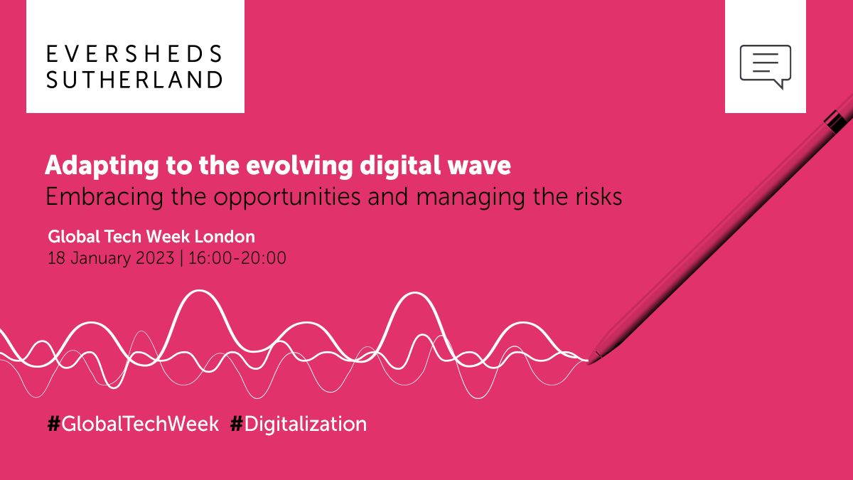JonGill's tweet card. Very much looking forward to this flagship event for our Eversheds Sutherland #GlobalTechWeek on Wednesday 18 January at our London office - please do register on the link below!