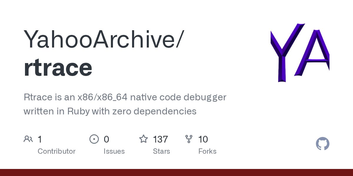 Ferdy_Rosario's tweet card. Rtrace is an x86/x86_64 native code debugger written in Ruby with zero dependencies - YahooArchive/rtrace