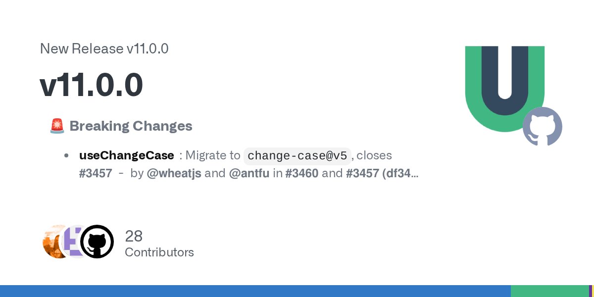 VueUse's tweet card.    🚨 Breaking Changes useChangeCase: Migrate to change-case@v5, closes #3457  -  by @wheatjs and @antfu in #3460 and #3457 (df343) useFuse: Upgrade fuse.js to v7  -  by @antfu in #4036 (cb44c) use...
