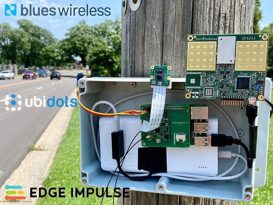 RobLauer's tweet card. Build a "speed trap" that uses ML to identify vehicles, a radar sensor to measure speed, and a cellular module to report data to the cloud.