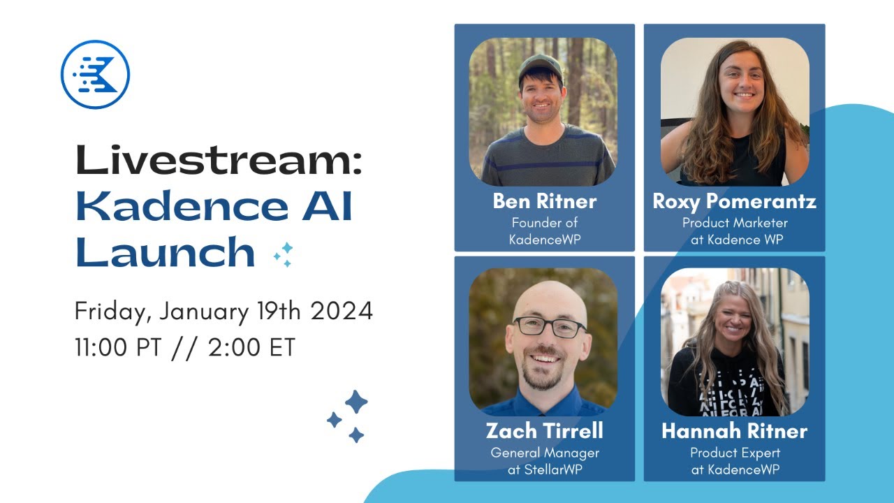 KadenceWP's tweet card. Livestream: Kadence AI Launch with Ben Ritner, Founder of KadenceWP &...