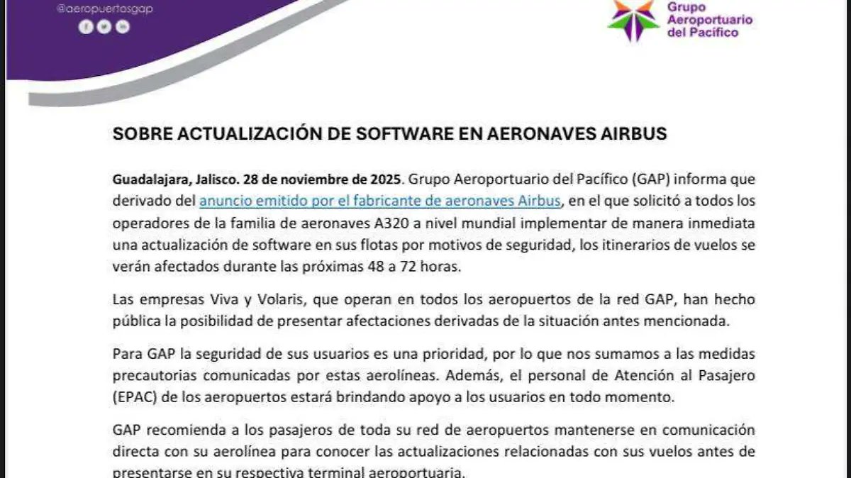 noticiasvesp's tweet card. El Grupo Aeroportuario del Pacífico (GAP), dió a conocer que la familia de aeronaves A320 a nivel mundial debe aplicar una actualización en el software de sus flotas.