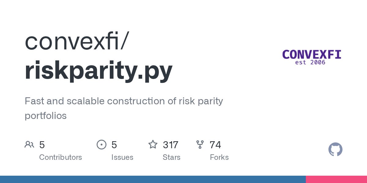 BPyfinance's tweet card. Fast and scalable construction of risk parity portfolios - convexfi/riskparity.py