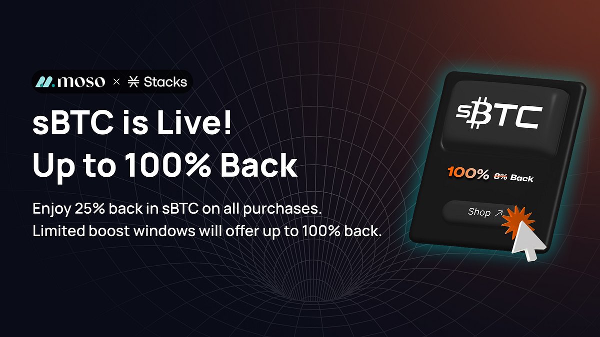 MosoHQ's tweet card. We’ve partnered with Stacks to bring Bitcoin rewards to everyday online shopping. With $50,000 USD in sBTC allocated by Stacks, we’re…