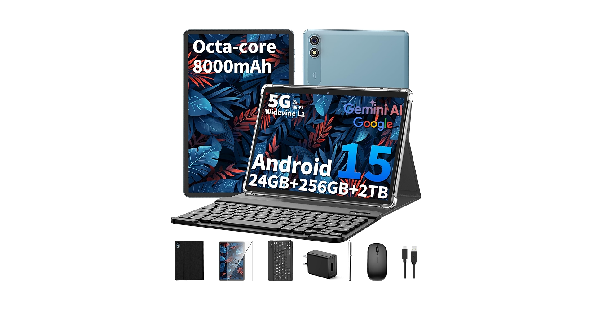 TechDealAlert's tweet card. Android 15 Tablet 10 inch, 2025 Tablet with Keyboard, 24GB+256GB+2TB Expand, 2-in-1 Tablets with 8-Core, 5G WiFi, 8000mAh, BT5.0, GMS Certified, with Mouse, Case, Stylus, Split Screen(Black case)