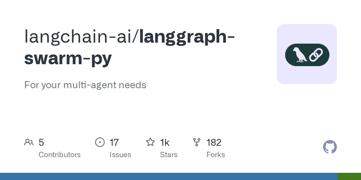 pythontrending's tweet card. For your multi-agent needs. Contribute to langchain-ai/langgraph-swarm-py development by creating an account on GitHub.