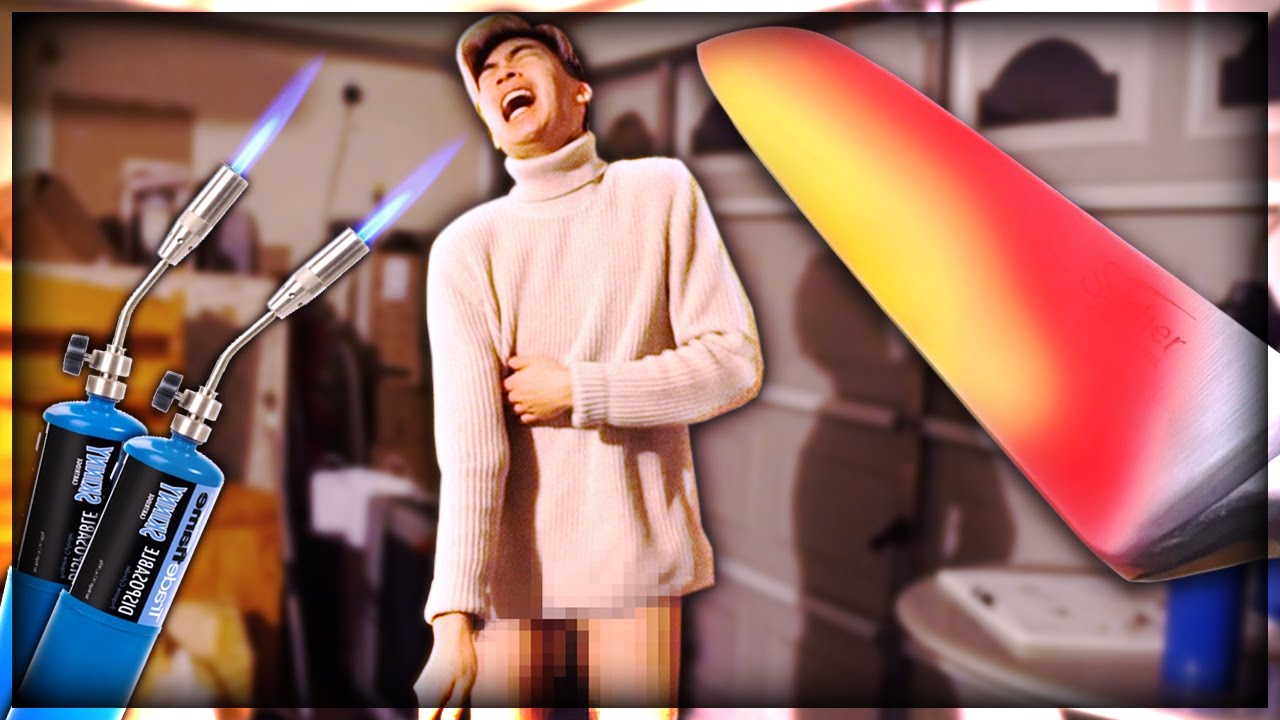 RiceGum's tweet card. EXPERIMENT Glowing 1000 degree KNIFE VS HUMAN BODY PART