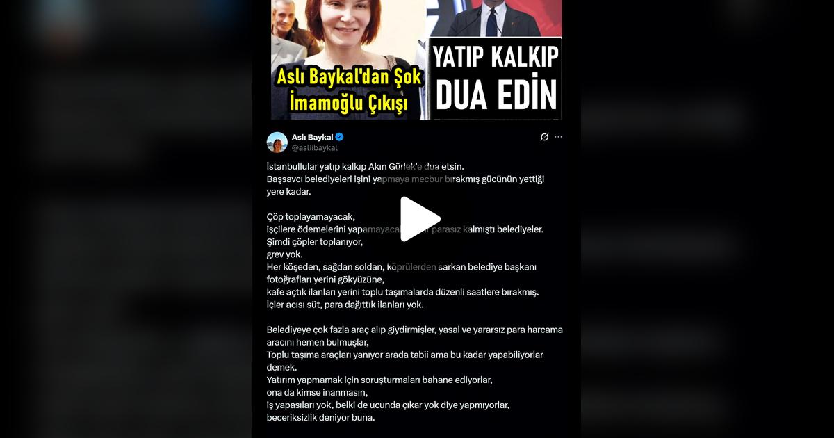 Isa06Gulec's tweet card. 120 beğeni, 2 yorum. "ASLI BAYKAL'DAN EFSANE AÇIKLAMA: "İstanbullular Akın Gürlek'e Yatıp Kalkıp Dua Etsin!" Ekrem İmamoğlu... #aslıbaykal #ekremimamoğlu #denizbaykal #chp #özgürözel #haber #sondak...