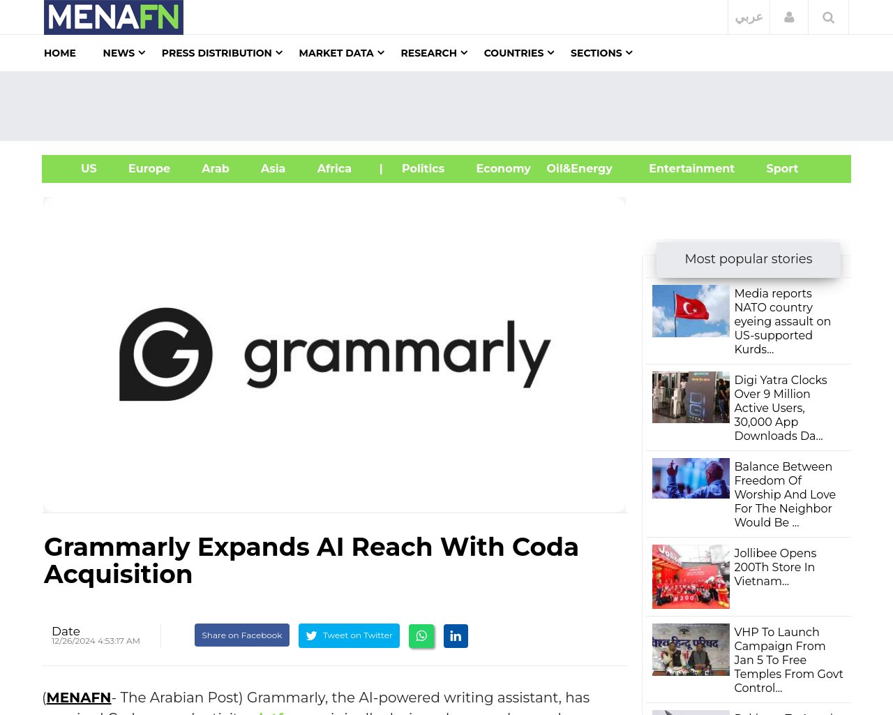 managetech_inc's tweet card. 要約: GrammarlyがAIを活用した文章補助ツールであるCodaを買収した。 Codaは文書、スプレッド