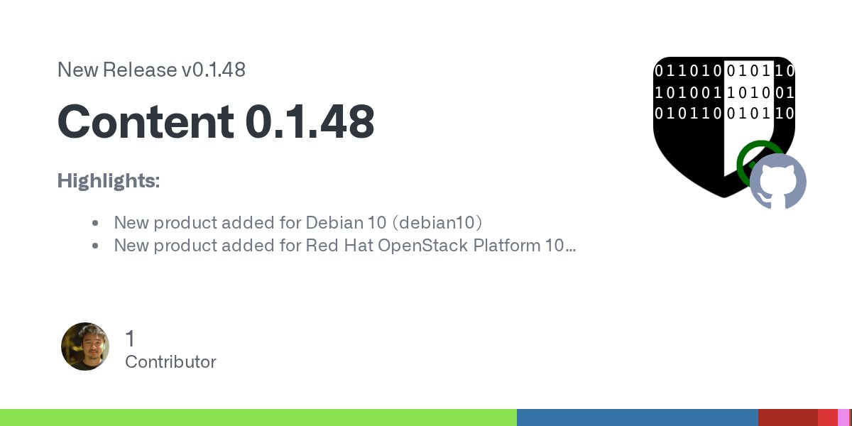 OpenSCAP's tweet card. Highlights: New product added for Debian 10 (debian10) New product added for Red Hat OpenStack Platform 10 (rhosp10) New draft Profile for RHEL8 STIG Profiles changed in this release: rhosp10: c...