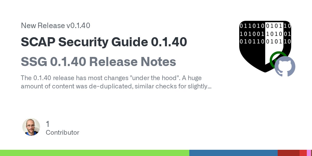 OpenSCAP's tweet card. SSG 0.1.40 Release Notes The 0.1.40 release has most changes "under the hood". A huge amount of content was de-duplicated, similar checks for slightly different producsts were unified and...