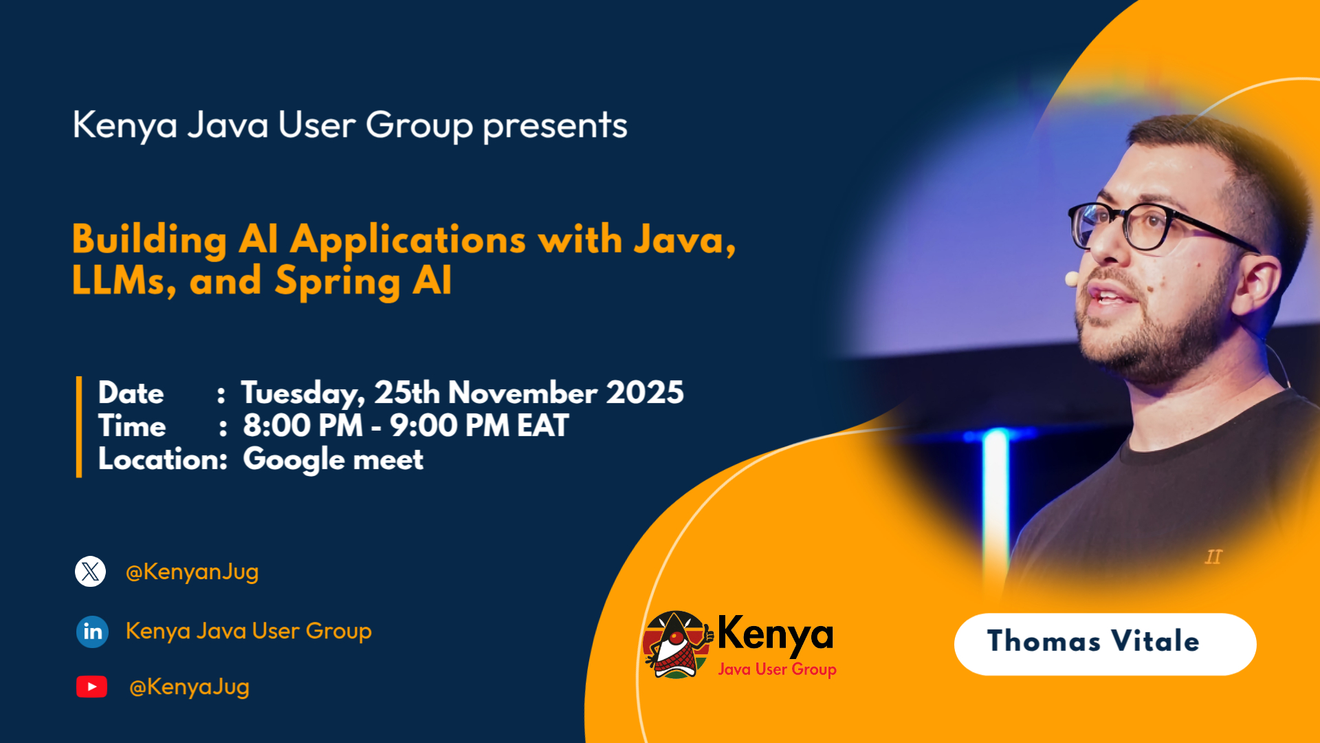 kenyanJug's tweet card. Join Thomas Vitale to learn how to build smarter Java applications with Spring AI and LLMs. Discover how to integrate chat models, implement RAG workflows with your data, enable agentic API interactio