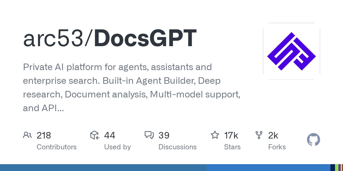 NarekHakobyan's tweet card. Private AI platform for agents, assistants and enterprise search. Built-in Agent Builder, Deep research, Document analysis, Multi-model support, and API connectivity for agents. - arc53/DocsGPT