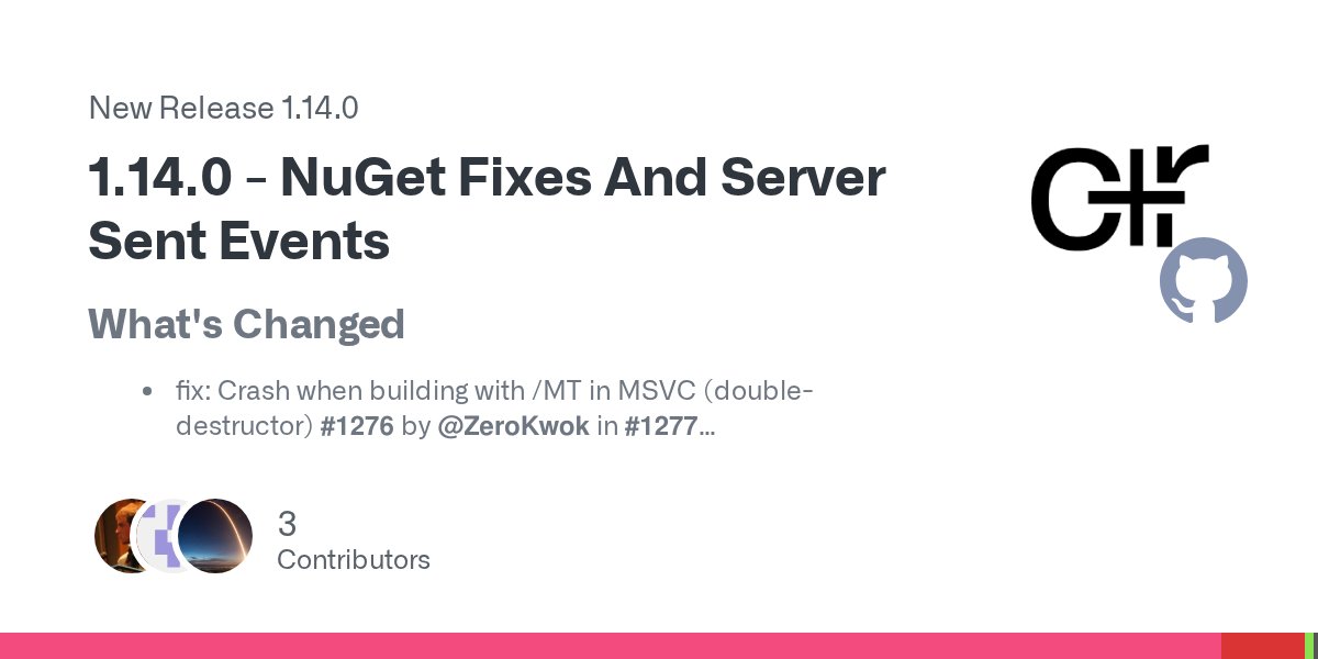 SwedenCpp's tweet card. What's Changed fix: Crash when building with /MT in MSVC (double-destructor) #1276 by @ZeroKwok in #1277 1.14.0 Release Preparation - NuGet Release Build Fixes by @COM8 in #1278 Add support fo...