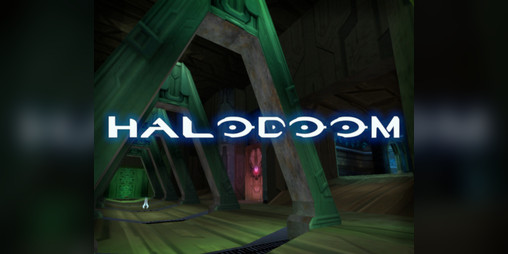 HalodoomGame's tweet card. A fangame that pays tribute to the Halo universe and seeks to push the Doom Engine to its limits. Available for Windows