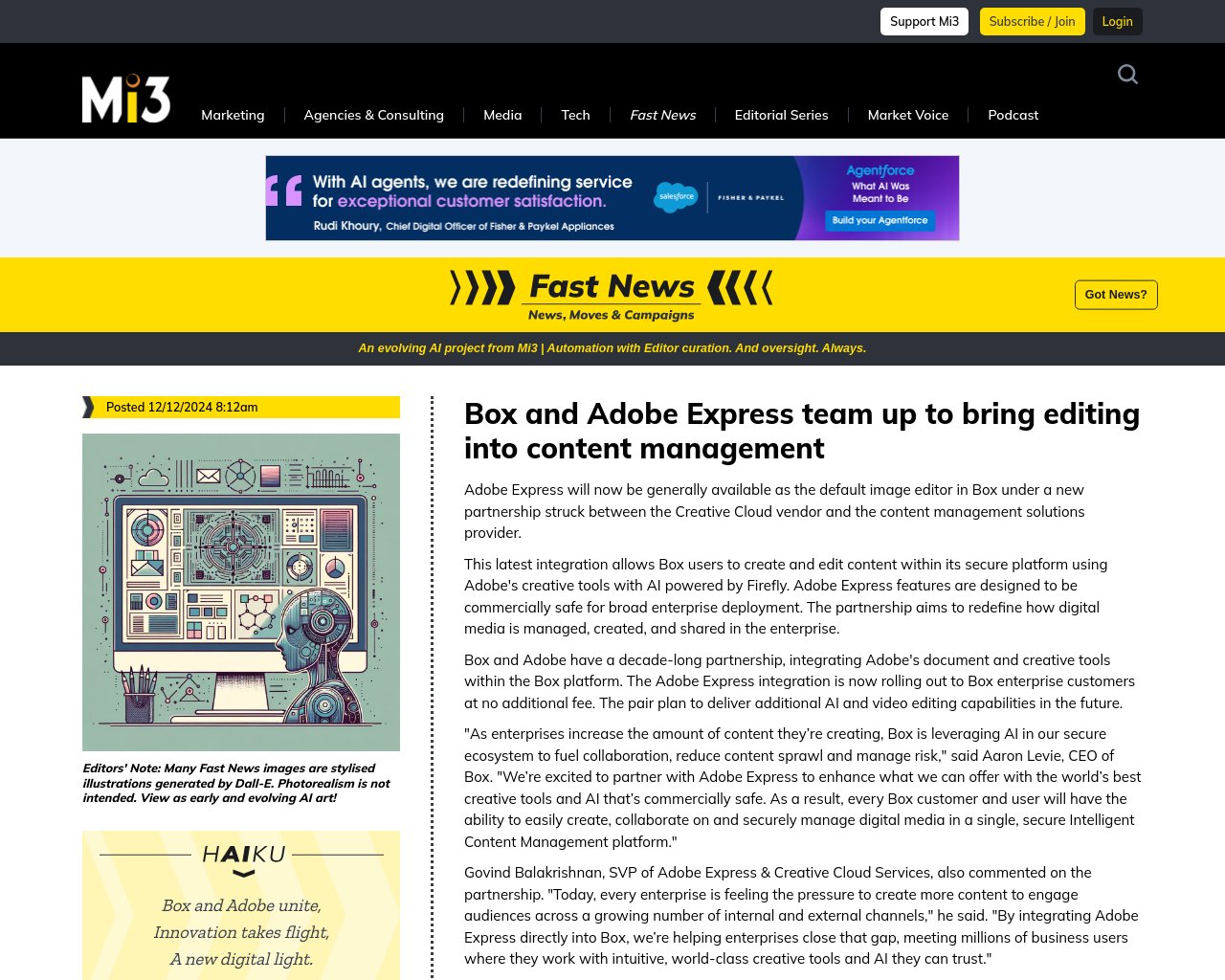 managetech_inc's tweet card. 記事要約: BoxとAdobeが提携し、Adobe ExpressがBoxのデフォルト画像エディタとして利用可