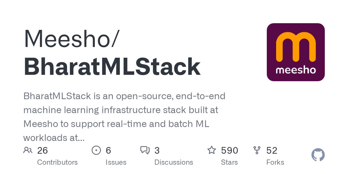 GitHubIndia's tweet card. BharatMLStack is an open-source, end-to-end machine learning infrastructure stack built at Meesho to support real-time and batch ML workloads at Bharat scale - Meesho/BharatMLStack