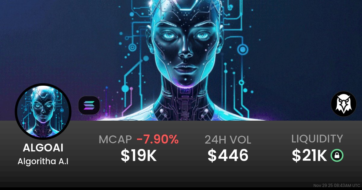 algoritha_coin's tweet card. $0.00002233 Algoritha A.I (ALGOAI) realtime price charts, trading history and info - ALGOAI / SOL on Solana / Raydium