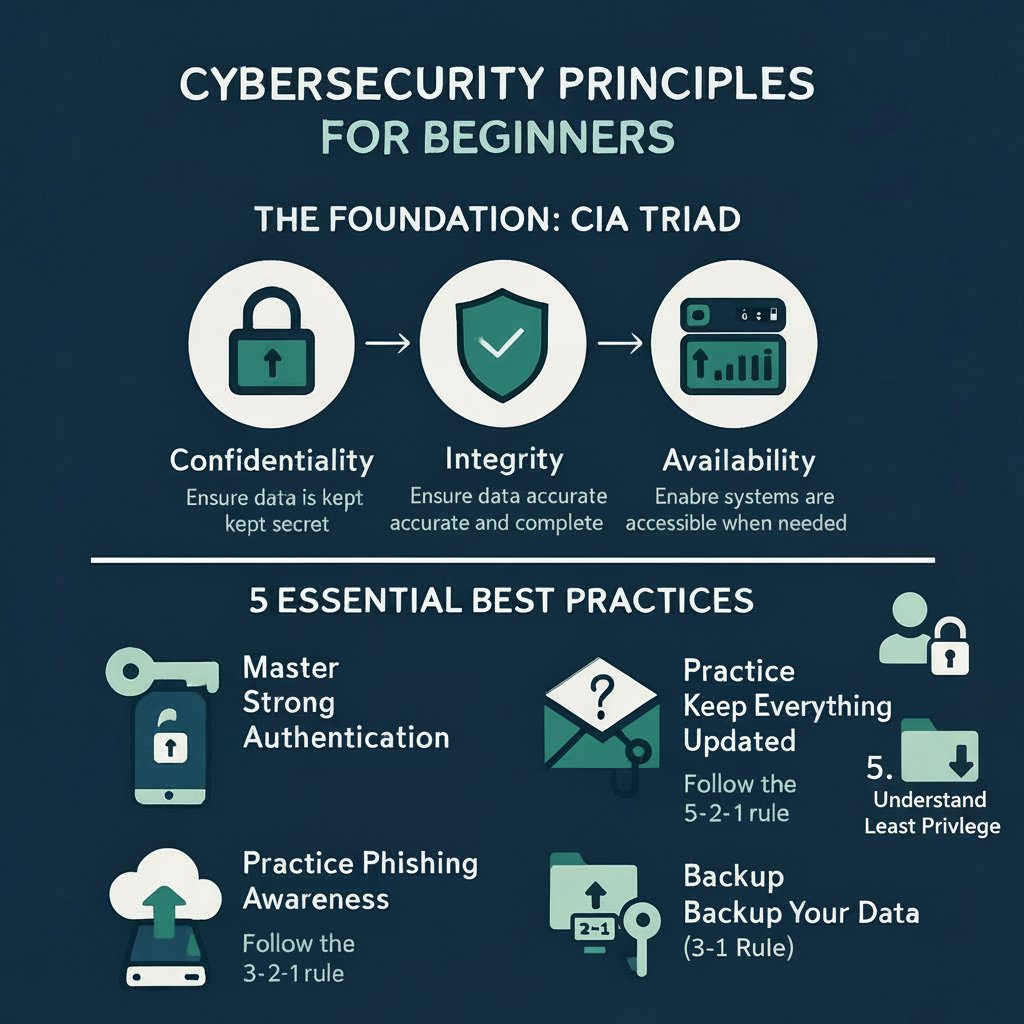 _z_a_d_a_'s tweet card. A beginner's guide to the core principles of cybersecurity, focusing on the CIA Triad (Confidentiality, Integrity, Availability) and essential best practices for protecting personal and professional...