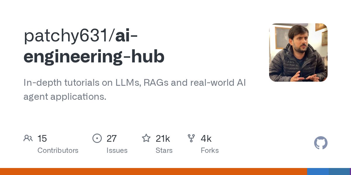 clxymox's tweet card. In-depth tutorials on LLMs, RAGs and real-world AI agent applications. - patchy631/ai-engineering-hub