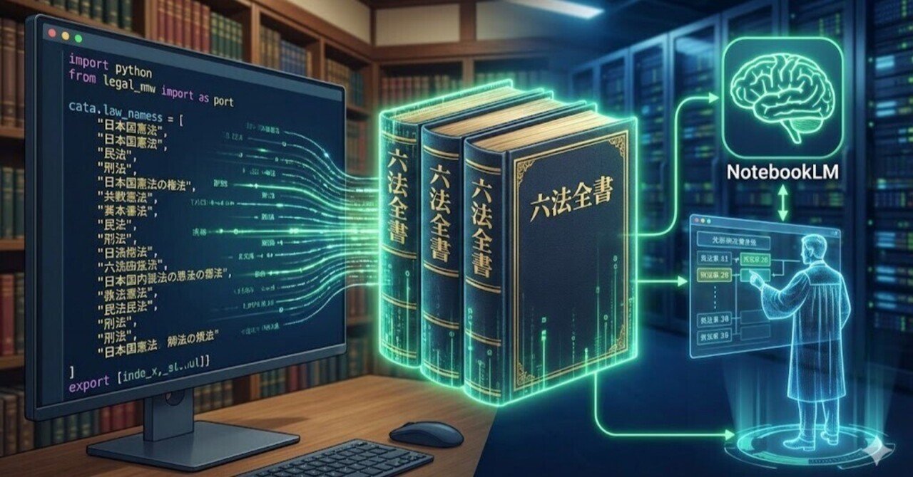 xoaot_zoow's tweet card. こんにちは。最近 NotebookLM にハマっているんですが、これ、ただPDFを読み込ませるだけじゃもったいないことに気づきました。 特に「条文」のような構造化されたデータと相性が抜群なんです。 でも、e-Gov（イーガブ）のサイトを見ながらコピペするのは苦行ですよね？ そこで今回は、Pythonを使ってe-Gov法令検索APIから必要な条文を自動取得し、整形してNotebookLMに突っ...