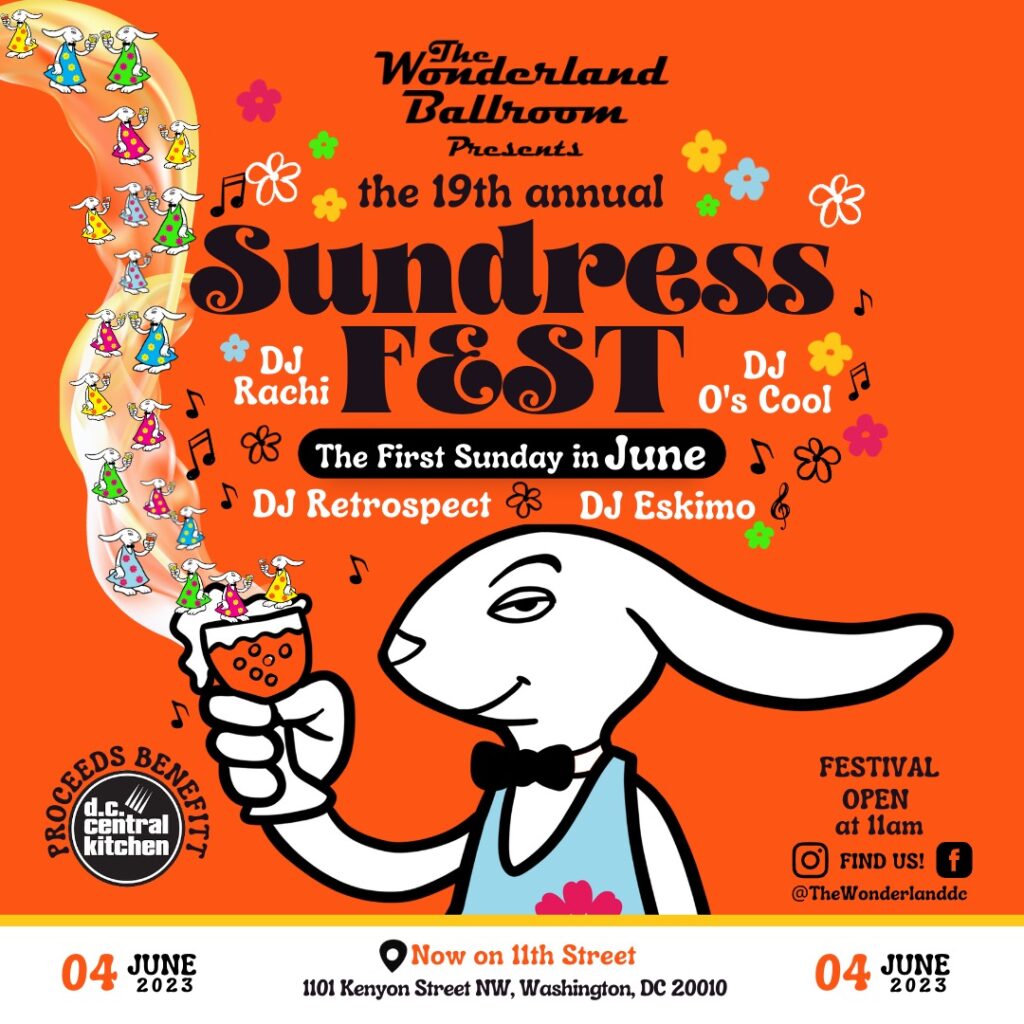 PoPville's tweet card. Always a fun time!! "See you Sunday, JUNE 4th for the 19th annual Sundress Fest We’ll be closing down 11th St this year for an even bigger & better party! You wear a dress, we’ll bring the beer"