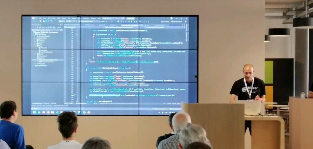 nicola_paro's tweet card. At #BlazorConf2023 Stefano Mostarda is showing us how to deal with #identity and #authentication in #blazor