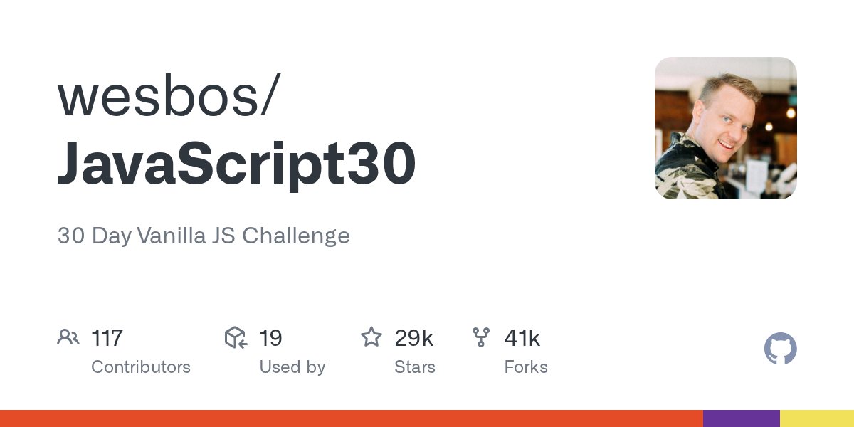 Shefali__J's tweet card. 30 Day Vanilla JS Challenge. Contribute to wesbos/JavaScript30 development by creating an account on GitHub.