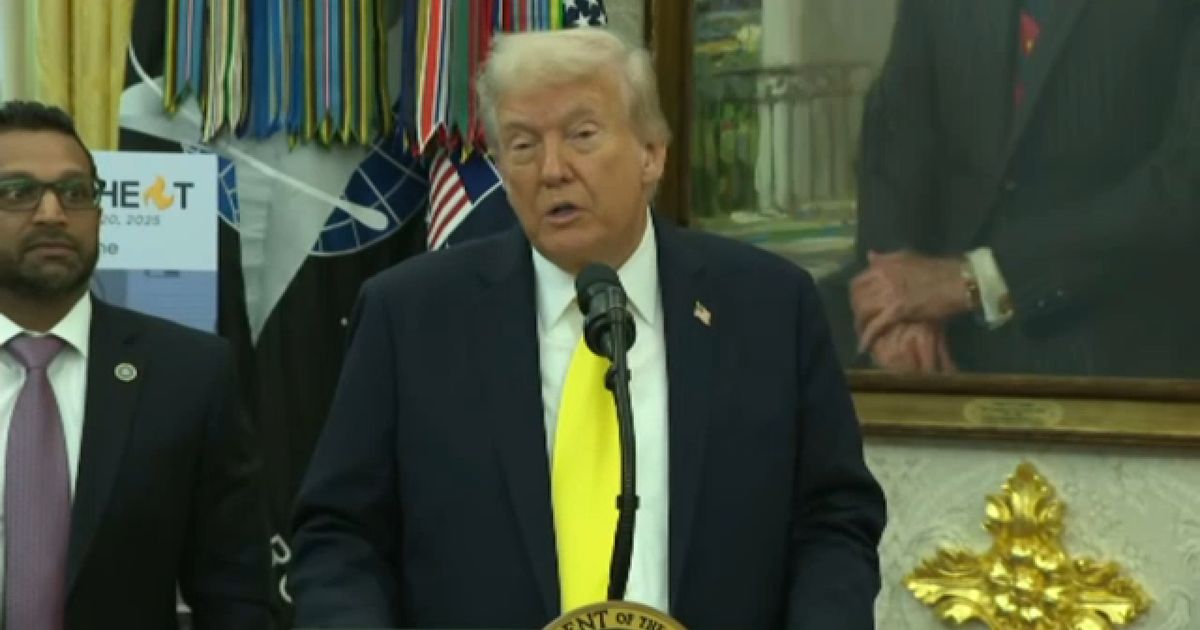 TradingSinHum's tweet card. President Trump and FBI Director Kash Patel hold a news conference in the Oval Office.