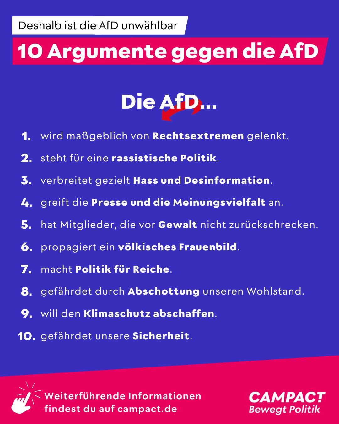 proxity's tweet card. Rechtsextrem, rassistisch und ein Frauenbild der 50er Jahre: Lies hier, zehn Argumente gegen die AfD.